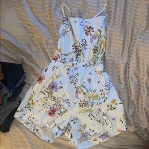 Linen Blend Floral Print White Romper